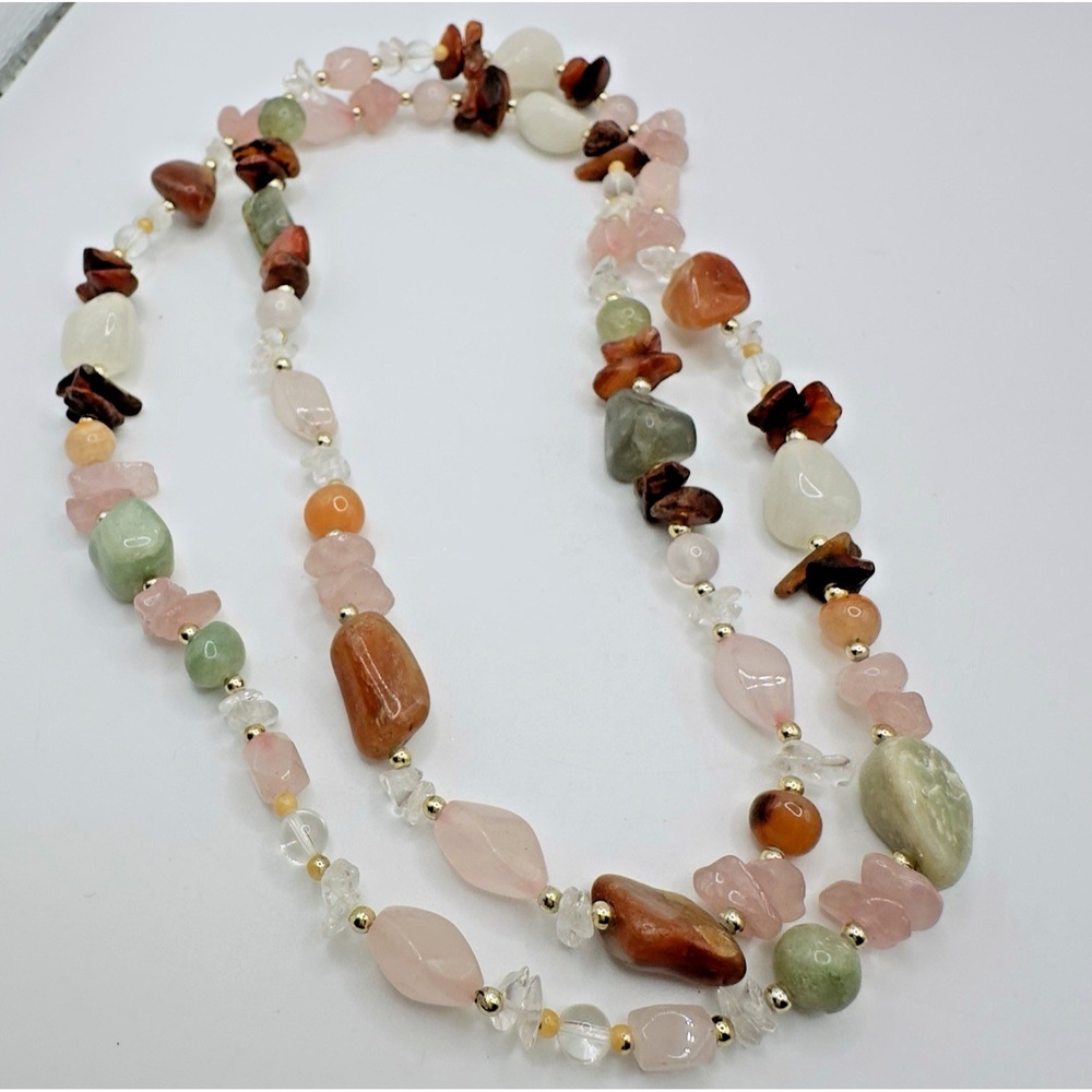 Vintage Beggars Bead Necklace Semi Precious Gemstones 31" Pink Green Clear